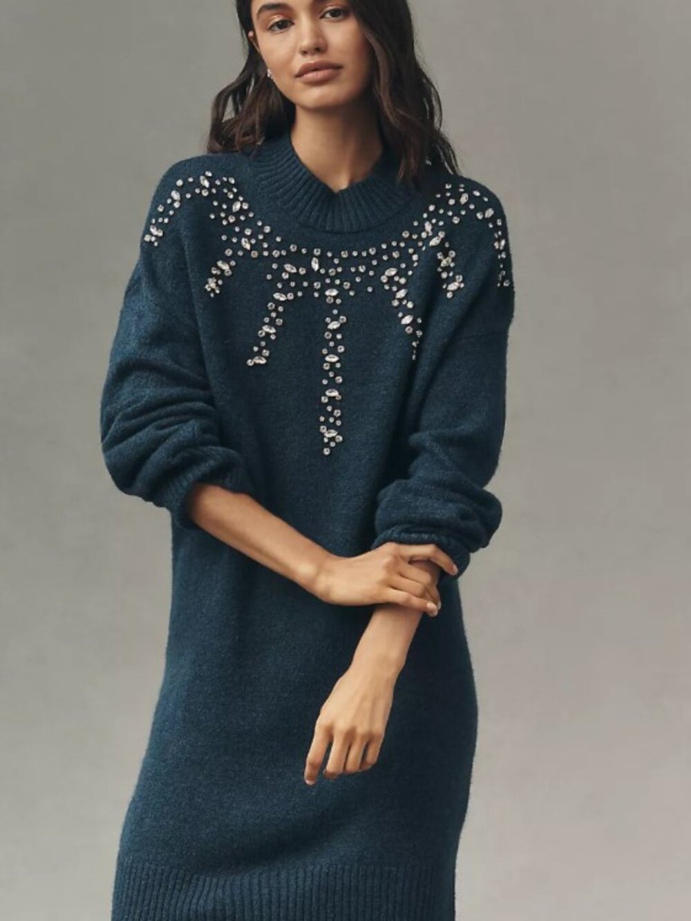 Anthropologie Embellished Sweater Mini Dress Petrol Blue XS Rhinestone Knit Chic